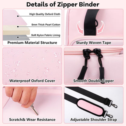3 D-Ring Zipper Binder 2 Inch with Shoulder Strap, Waterproof Oxford Binder with Zipper Storage 500 Sheets Capacity, Multi-Pockets Organizer Bag for 13 Inch Laptop School& Office (Pink)