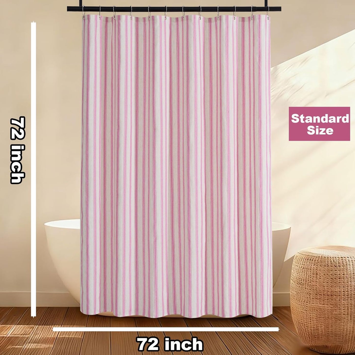 PROCIDA Pink Shower Curtain-Wider Striped, 72x72 Inch Yarn Dyed Linen Blend Cloth Fabric Bathroom Curtain with 12 Metal Hooks, Bath Curtain for Modern Farmhouse Bathrooms