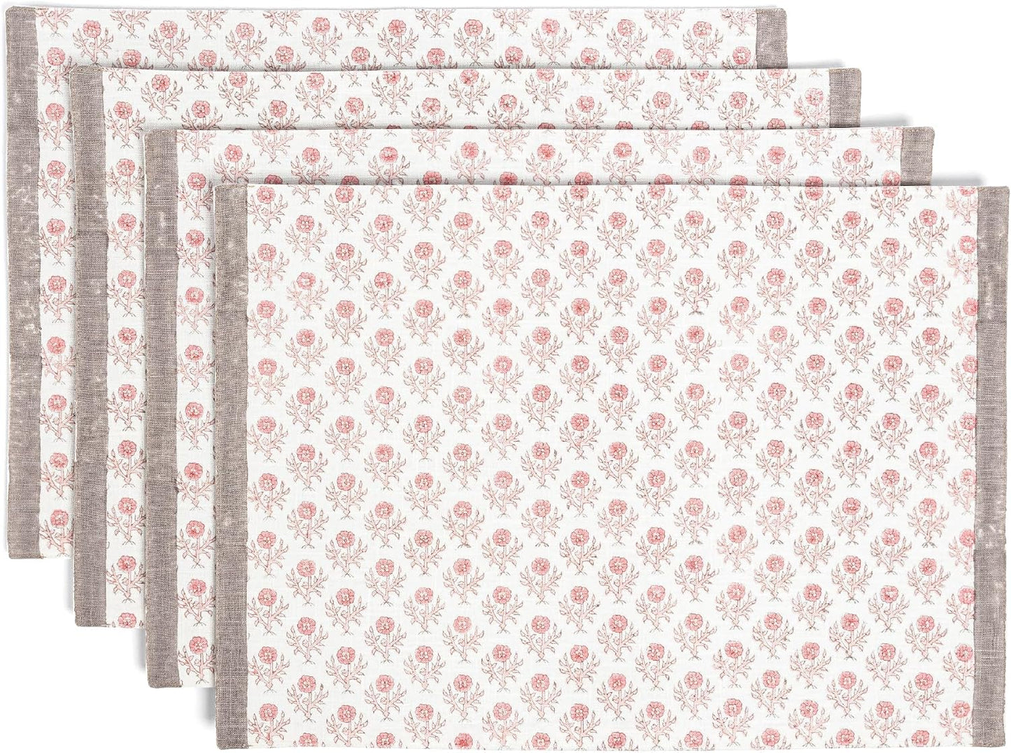 Over&Back Set of 4 Hand-Blocked Placemats - Colorful Dining Table Mat - Each Placemat is Unique - 100% Cotton - Machine Washable - Kitchen and Home Decor - Pink Blossom