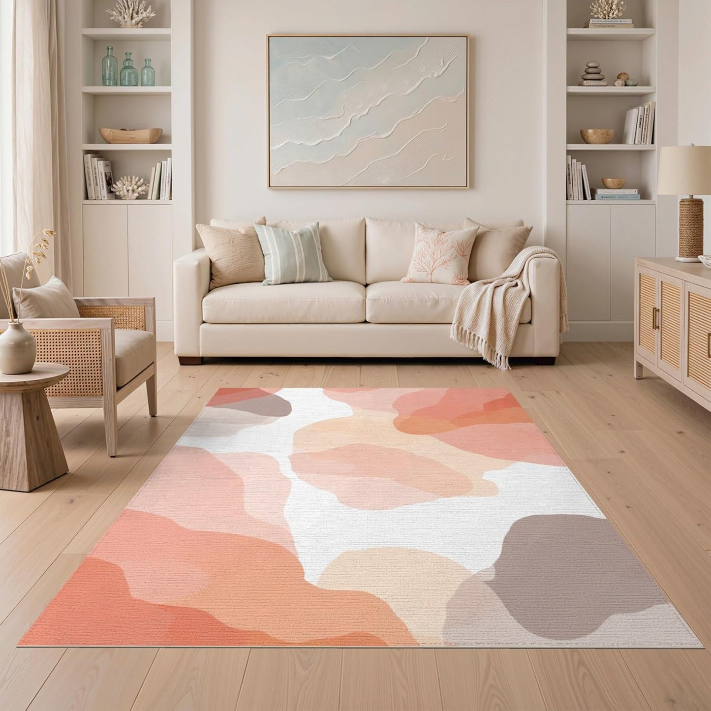 5'x7' Washable Modern Abstract Area Rug, Blush Flatwoven Floor Covering for Dining Room, Under Table, Home Office, Non-Slip Chair-Friendly Carpet | Ref:2131575