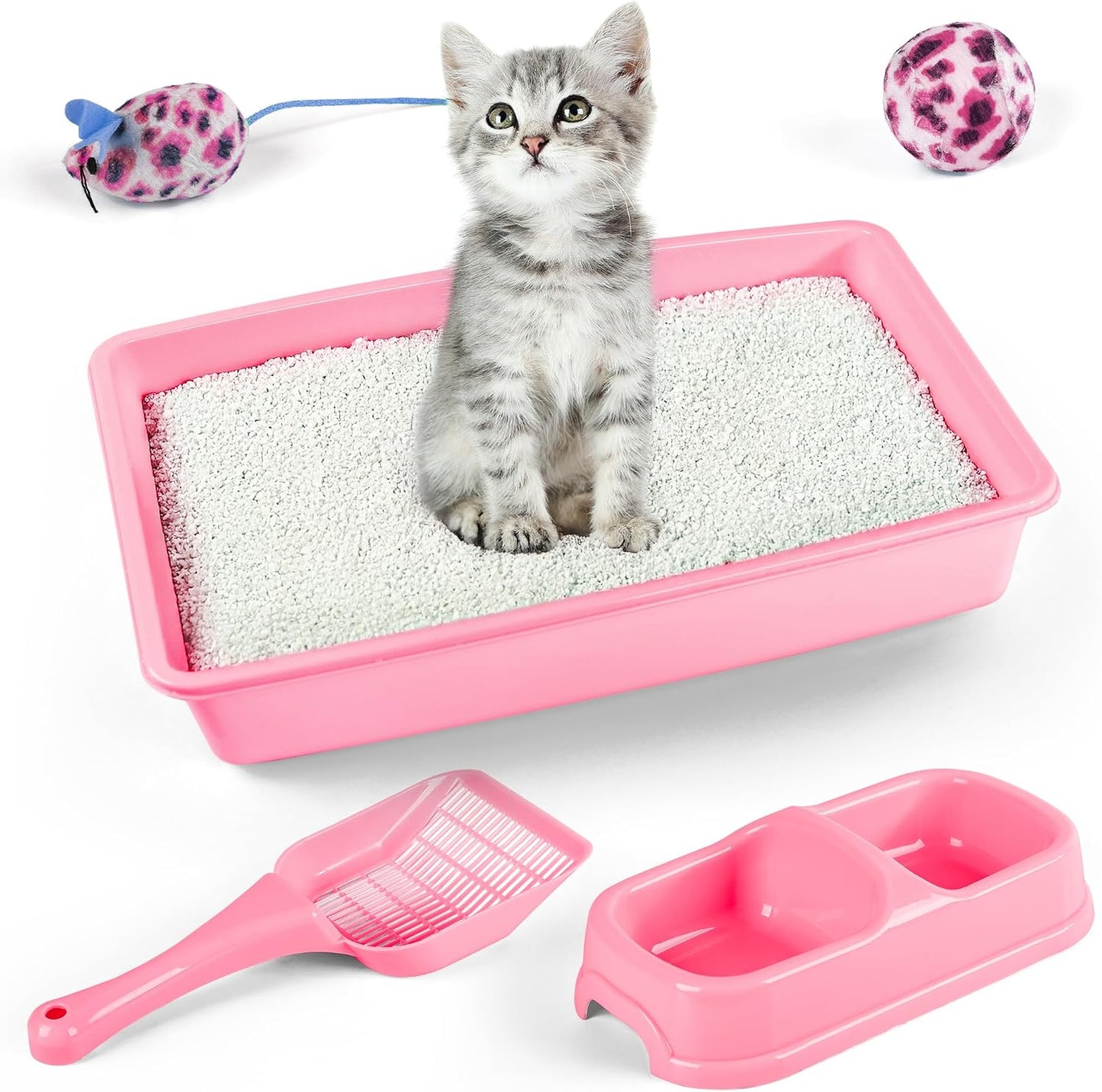 PAWISE Newborn Small Cat Litter Box Kit for Kittens – 5‑Piece Kit with Low Entry Litter Pan, Scooper, Feeding Bowls & Mouse Toy – Cat Starter Set for New Kitty Home, Pink