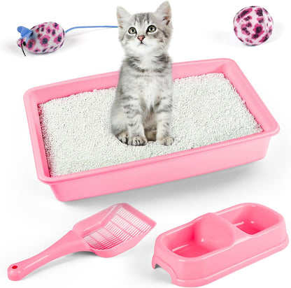 PAWISE Newborn Small Cat Litter Box Kit for Kittens – 5‑Piece Kit with Low Entry Litter Pan, Scooper, Feeding Bowls & Mouse Toy – Cat Starter Set for New Kitty Home, Pink