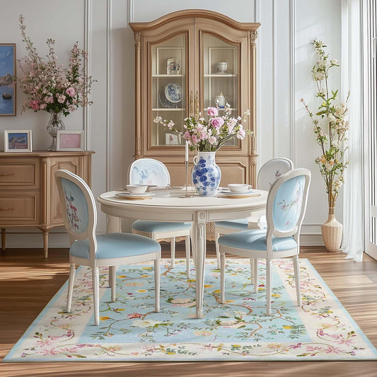 jinchan Floraison Soft Floral 4x6 Rug Machine Washable Area Rugs Non Slip Stain Restistant Chinoiserie Mat Low Pile Flowers Carpet for Living Room Bedroom Playroom Office Blue/Pink
