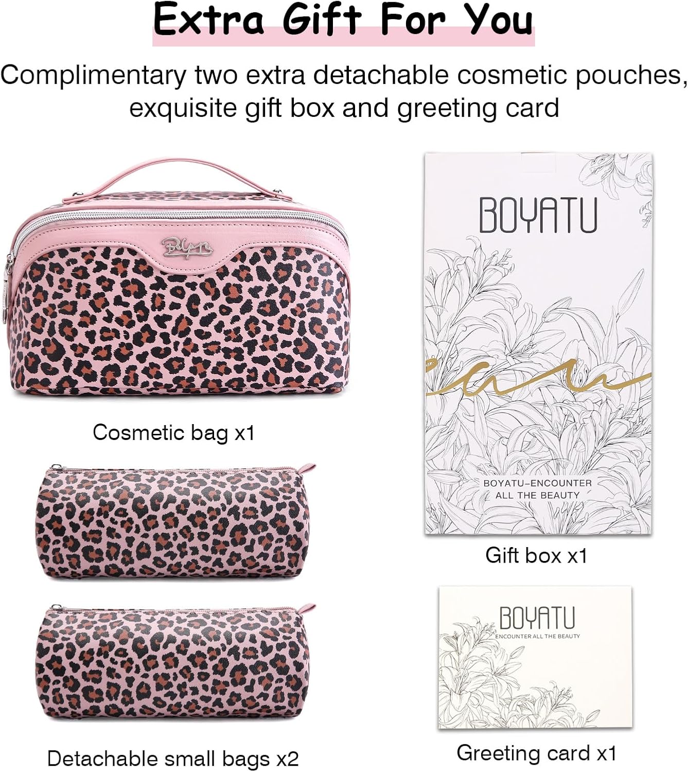 BOYATU Travel Makeup Bag Organizer: 3 Pcs Set Leopard Make up Bag for Women | Vegan Leather Cosmetic Bags with Compartments - Waterproof Toiletry Bag - 180° Open-Flat Make up Case for 3-15 Day Trips