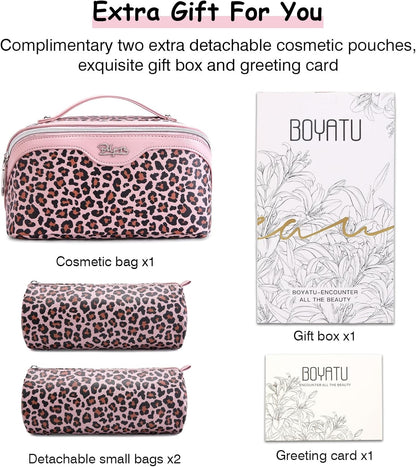 BOYATU Travel Makeup Bag Organizer: 3 Pcs Set Leopard Make up Bag for Women | Vegan Leather Cosmetic Bags with Compartments - Waterproof Toiletry Bag - 180° Open-Flat Make up Case for 3-15 Day Trips