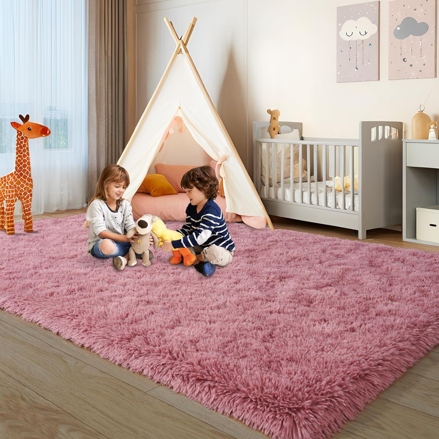 KING DARE Small Shag Rug 2x3 for Bedroom, Soft Fuzzy Bedside Throw Area Rug for Living Room Dorm, Non Slip Plush Carpet Modern Home Decor Aesthetic for Entrance Nursery Kids Room, Blush