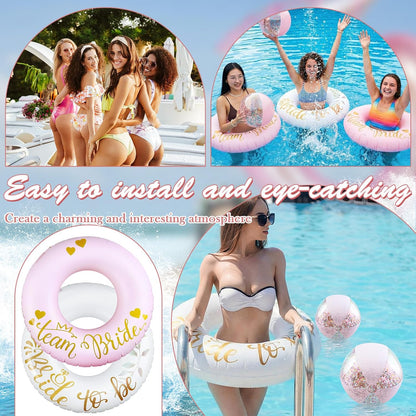 6 Pcs Bachelorette Pool Floats Set, 3 Team Bride Inflatable Heart Swim Rings 36" & 3 Beach Balls 16", Aesthetic Pink White Bachelorette Party Decorations, Bridal Shower Gifts, Photo Props