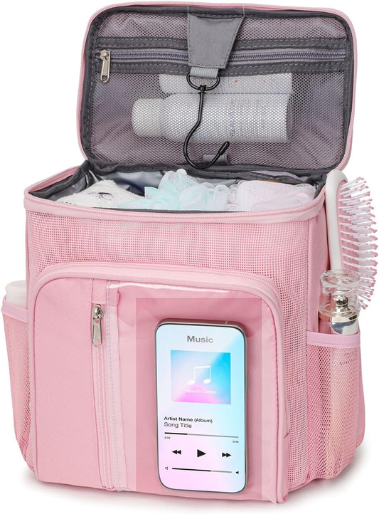 F-color Shower Caddy Portable for College Dorm Essentials - Large Hanging Sturdy Handle Toiletry Tote Bag with Hook, Multiple Pockets, Quick Dry Organizer for Camping, Travel, Gym, Pink