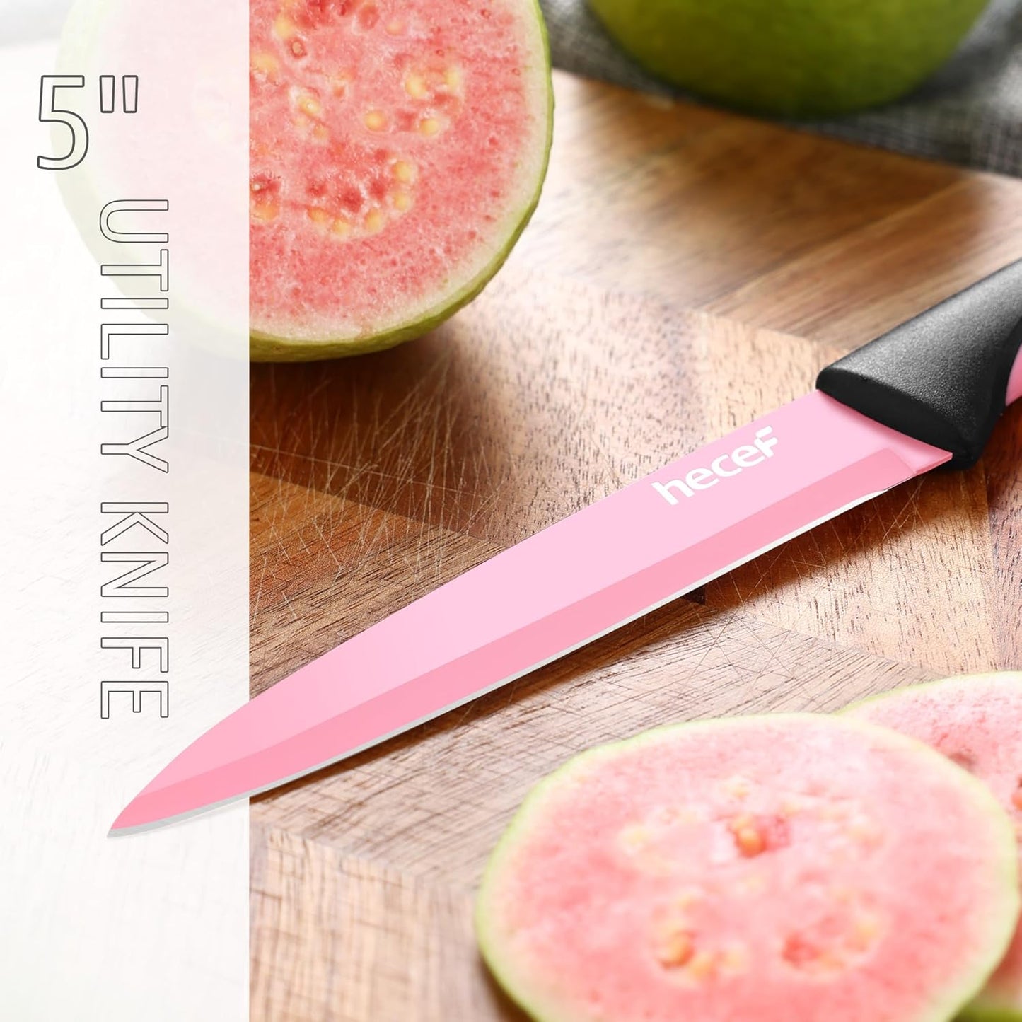 hecef 13 Pieces Kitchen Knife Set with Built-in Sharpening Wooden Block, Dishwasher Safe, High Carbon Stainless Steel Knife Block Set with Steak Knives, Kitchen Scissors, Pink