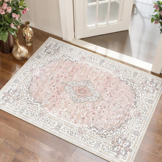 Brakki 2x3 Pink Floral Rugs for Entryway, Washable Area Rug for Indoor Entrance Door, Non Slip Boho Throw Rugs for Kitchen Bedroom, Small Vintage Soft Carpet Low Pile Stain Resistant