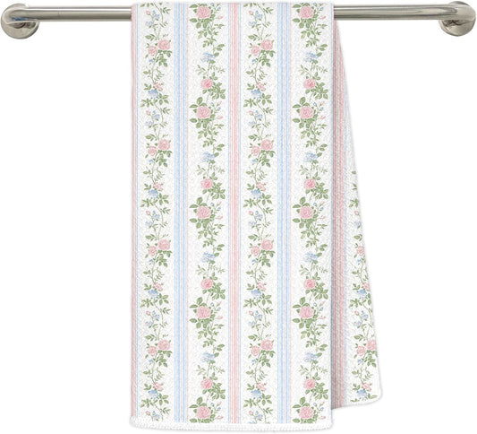 Grandmillennial Blue Pink Floral Striped Kitchen Towels, French Country Pastel Wildflower Decorative Hand Tea Towels for Bathroom, Cottagecore Botanical Dish Towel Drying Cloth, 16x24 Inches