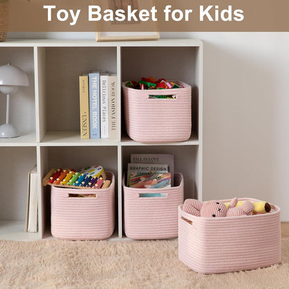 OIASKET Storage Baskets for Organizing, Woven Decorative Baskets for Shelves - Books, Towels, and Clothes, Cotton Rope Toy Storage Bins, 12.7''Lx9''Wx7.8''H, Pack of 4, Pink