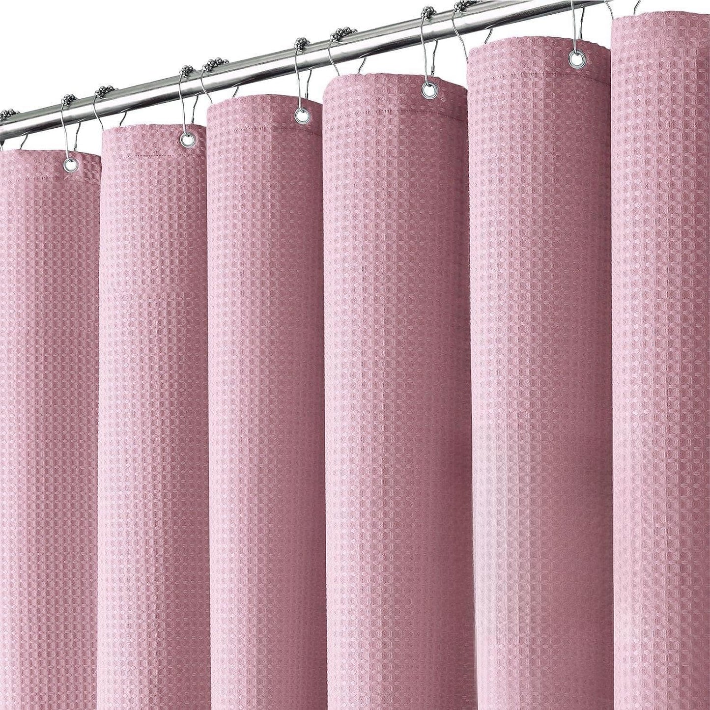 Inhousolu Fabric Shower Curtain, Waffle Weave 230 GSM Polyester, Weighted Hem, Metal Hooks Included, Water Repellent Washable, 72 x 72 Inch, Pink