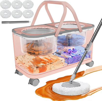 Mop and Bucket Set with Clean & Dirty Water Separation, Spin Mop with 360° Wheels & Drain, 6 Microfiber Heads,Adjustable Handle for Pet Owners, Kitchen, Bathroom, Hardwood & Tile Floors - Pink