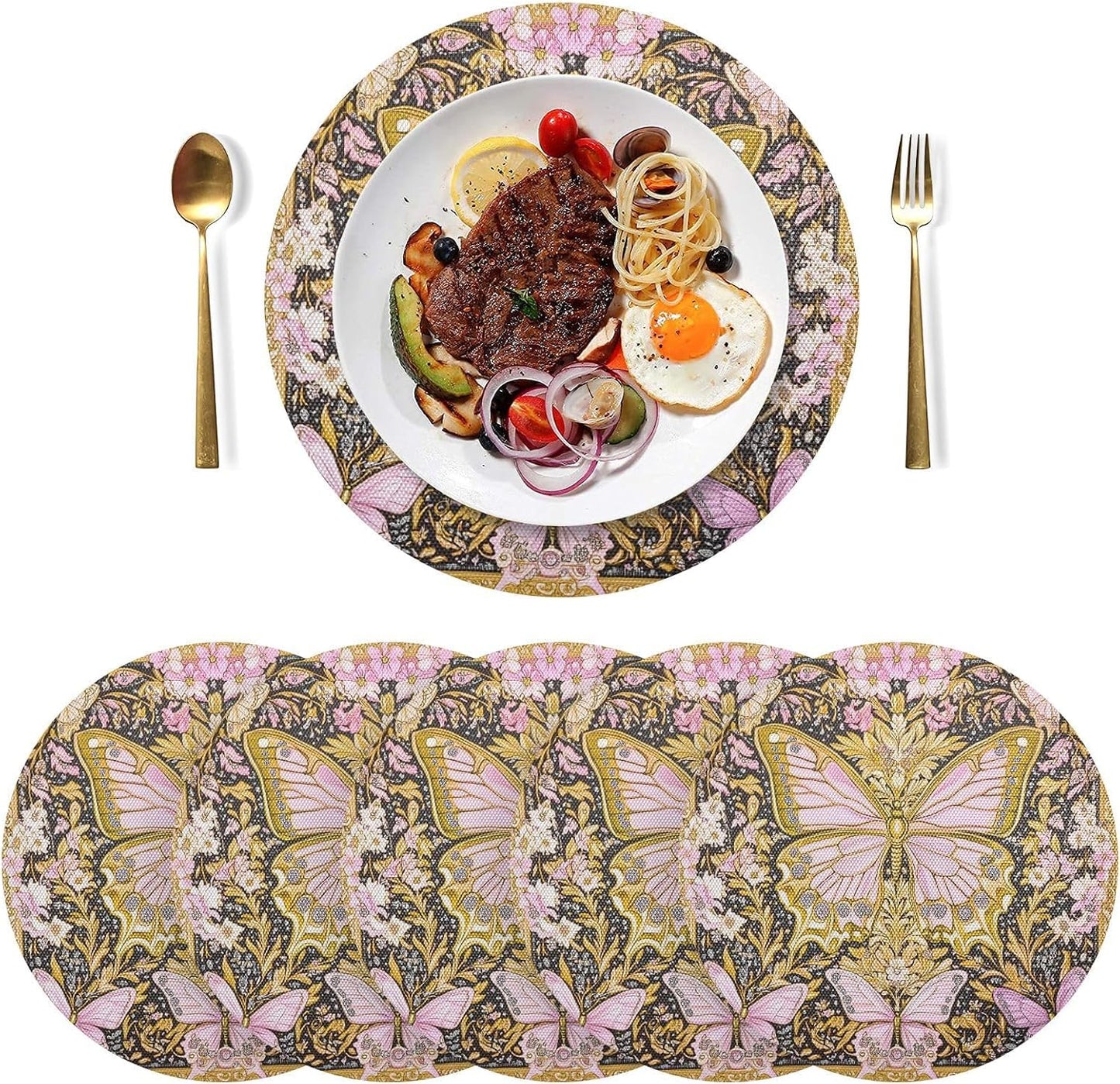 Retro Butterflies Pattern Gold and Peach Round placemates Reversible Quilted placemat Washable Plastic placemats placemats for Dining Table Waterproof placemat Place Settings for 6 for