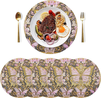 Retro Butterflies Pattern Gold and Peach Round placemates Reversible Quilted placemat Washable Plastic placemats placemats for Dining Table Waterproof placemat Place Settings for 6 for
