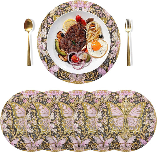 Retro Butterflies Pattern Gold and Peach Round placemates Reversible Quilted placemat Washable Plastic placemats placemats for Dining Table Waterproof placemat Place Settings for 6 for