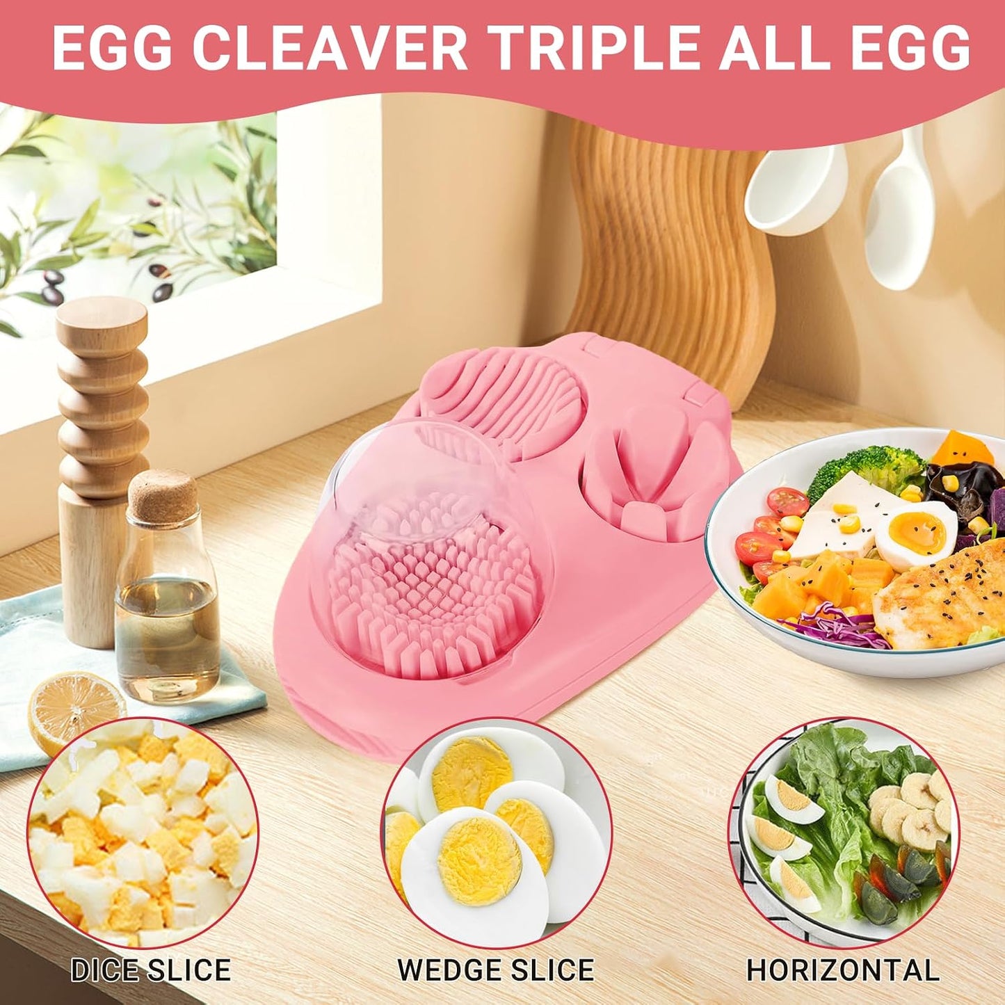 3 Slice Modes Egg Slicer for Hard Boiled Eggs, Stainless Steel Egg Cutter, 3-in-1 Kitchen Chopper Tool, Pink
