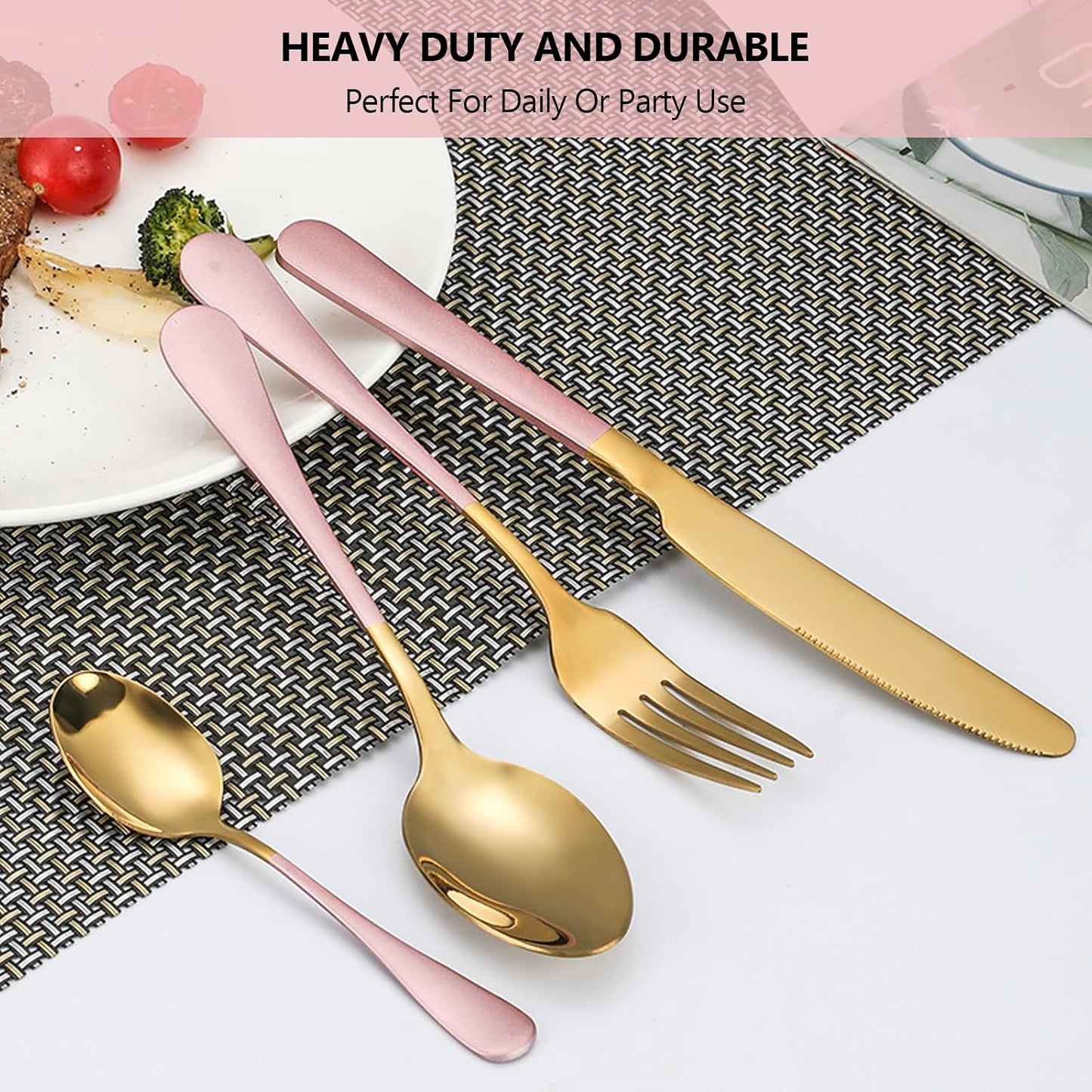 24 Pieces Silverware Set, Stainless Steel Cutlery Set with Holder, Flatware Set for 6 Person Tableware Set Includes Dinner Knives Forks Spoons Teaspoons, Mirror Polished (Pink Gold)