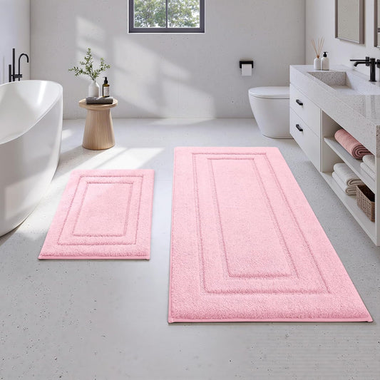 HOMEIDEAS 2 Pieces Large Bathroom Rug, Super Soft and Absorbent Long Rugs, Non Slip and Microfiber Bath Mat for Bathroom Decor (20"x47"+16" x 24", Light Pink)