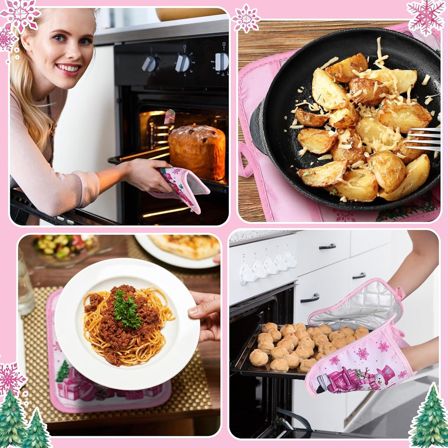 Jingmore 12 Pcs Pink Christmas Pot Holders with Pocket Hello Winter Snowflake Pot Holders Gift Bulk Snowman Gnome Heat Resistant Hot Pads Oven Mitts Cute Oven Gloves for Xmas Kitchen Baking Cooking
