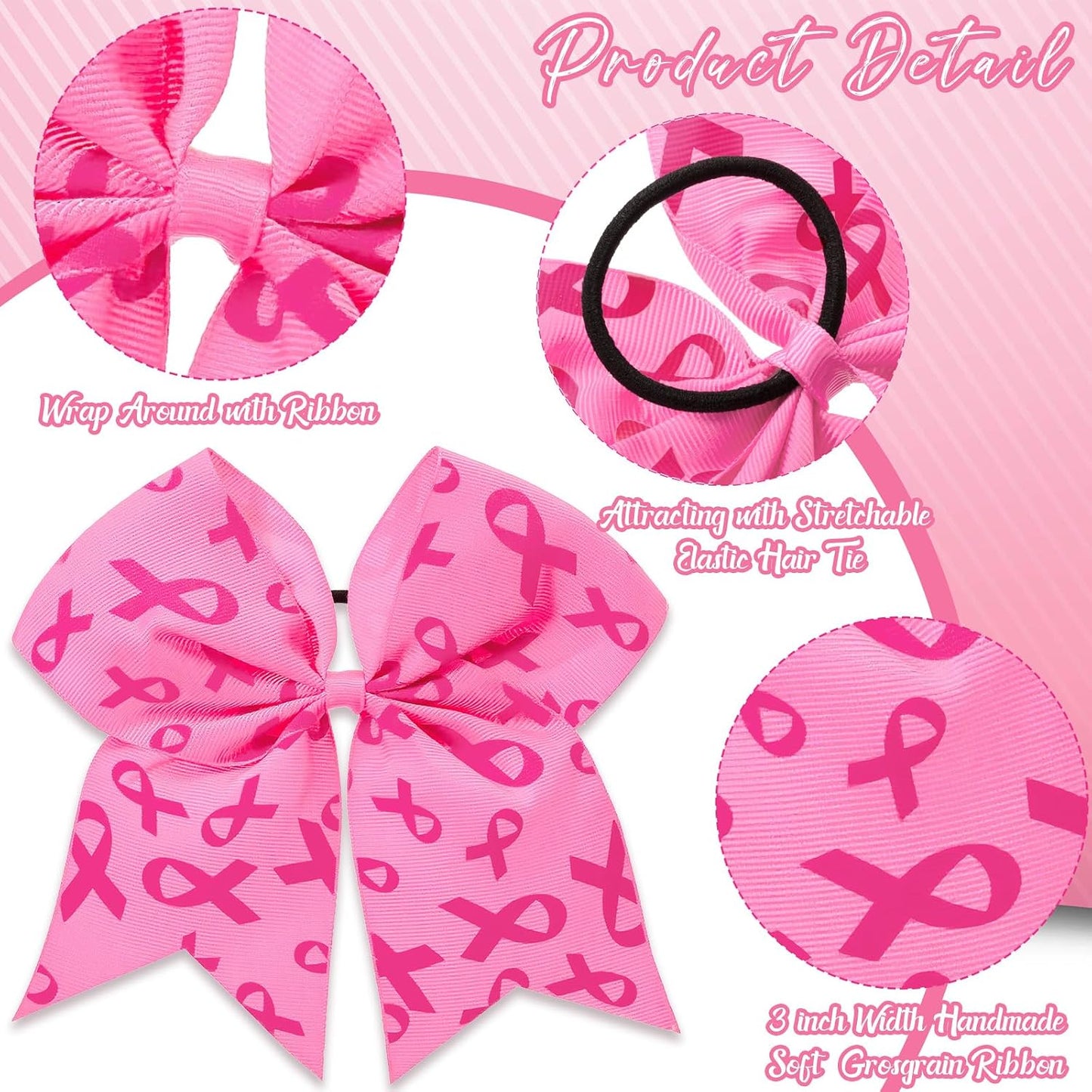 WILLBOND 10 Pieces 7 Inch Breast Cancer Awareness Large Cheer Hair Bows Ponytail Holder Elastic Cheerleader Bow Holder Ribbon Hair Band For Breast Cancer Month(Light Pink)