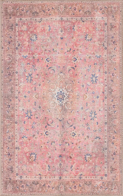 GLN Rugs Traditional Collection - Machine Washable Area Rug, Traditional Washable, Non Slip, Low Pile Chenille Rug, Living Room, Bedroom, Kitchen Rug (3' x 5' Pink/Cream)