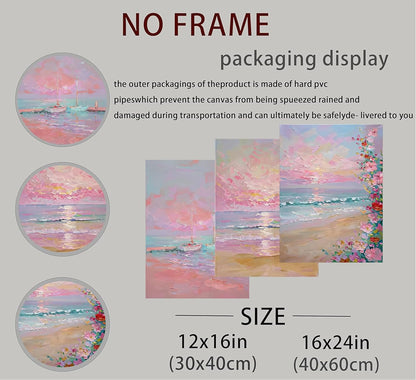 Kouserlin 3 Pcs Pastel Coastal Wall Art Set, Unframed Pink Ocean Beach Canvas Posters, Grandmillennial Preppy Room Decor of Sailboat & Wildflower for Bedroom, Girls Dorm(12x16Inch)