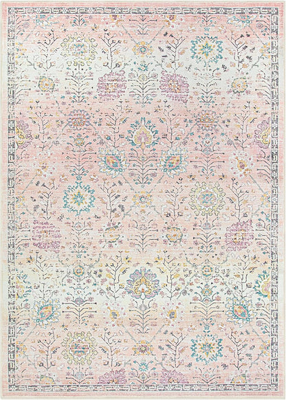 Lahome Flavie Pink Boho Area Rug for Nursery, 5x7 Washable Pink Rugs for Bedroom Girls Kids Room Living Room, Floral Pastel Carpet Non Slip for Teen Toddler Classroom Playroom Dorm, Bedroom Decor