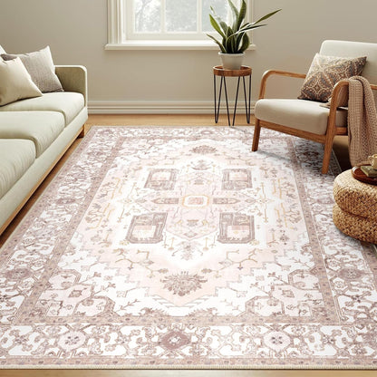 Washable 9x12 Area Rugs, Rugs for Living Room, Low-Pile Water&Stain Resistant Carpet Vintage Distressed Printed Non-Slip Carpet for Bedroom Bathroom Kitchen-Pink