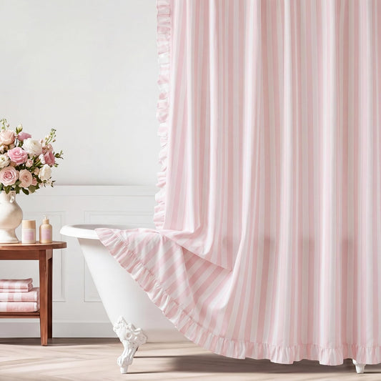 Pink Striped Shower Curtain with Ruffle Edge Cotton-Textured Shower Curtain 72x72 Inches Vintage Country Style Fabric Bath Decoration for Farmhouse Bathroom