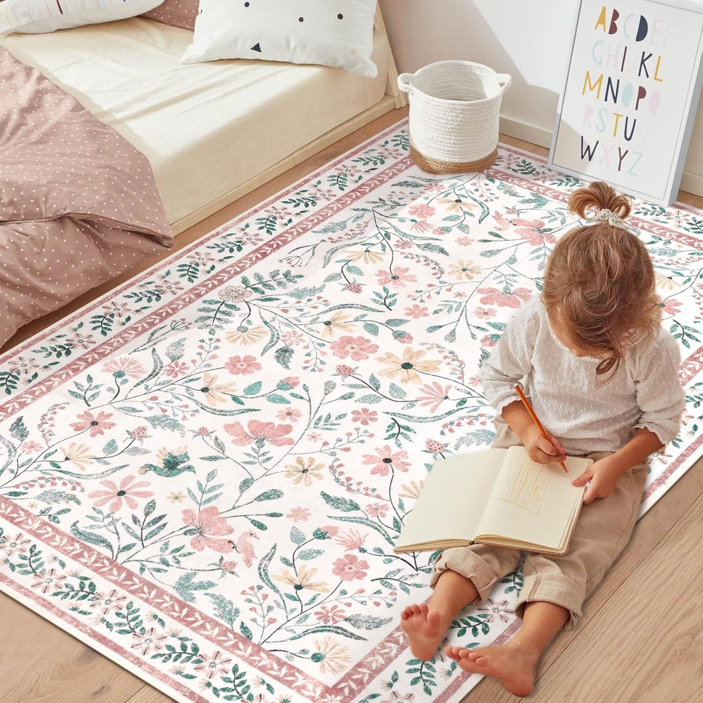 SHACOS 4x6 Boho Area Rugs for Living Room, Machine Washable Floral Carpet for Bedroom Non Slip Soft Nursery Rugs for Kids Room Dining Room Entryway Indoor, Pink
