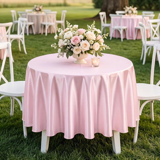 120 Inch Round Satin Tablecloth, Light Pink Heavy-Duty Polyester Table Cover, Smooth Leak-Proof Tear-Resistant Finish for Wedding Reception Birthday Party Banquet Holiday Decor