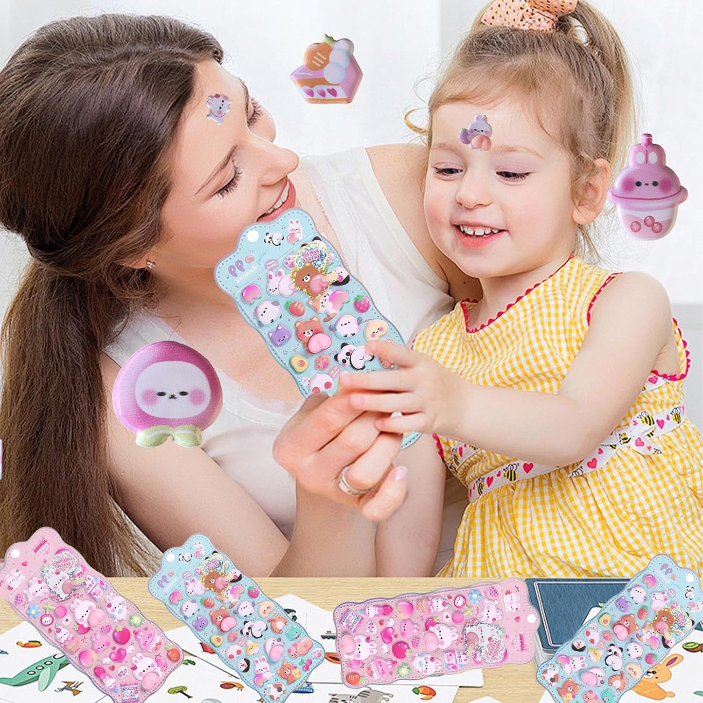 Kawaii Puffy Sticker Set, 3D Bubble Animal Foam Sheets for Kids Girls, Squishy Bear Bunny Peach Designs for Phone Case Laptop Notebook Scrapbook DIY, Cute Pastel Gift Pack, 2 Sheets (Blue & Pink)