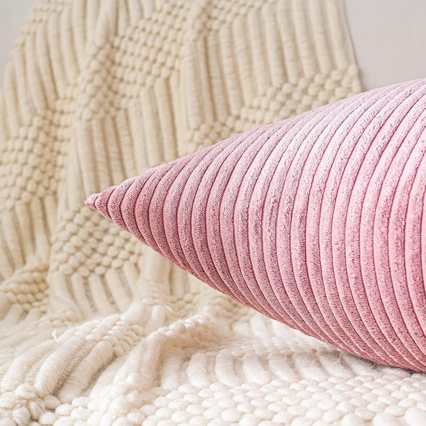 Set of 1 Lumbar Throw Pillow Cover 12x24 Inch Pink, Soft Striped Corduroy Cushion Case Modern Farmhouse Home Decor for Sofa Living Room Couch Bed