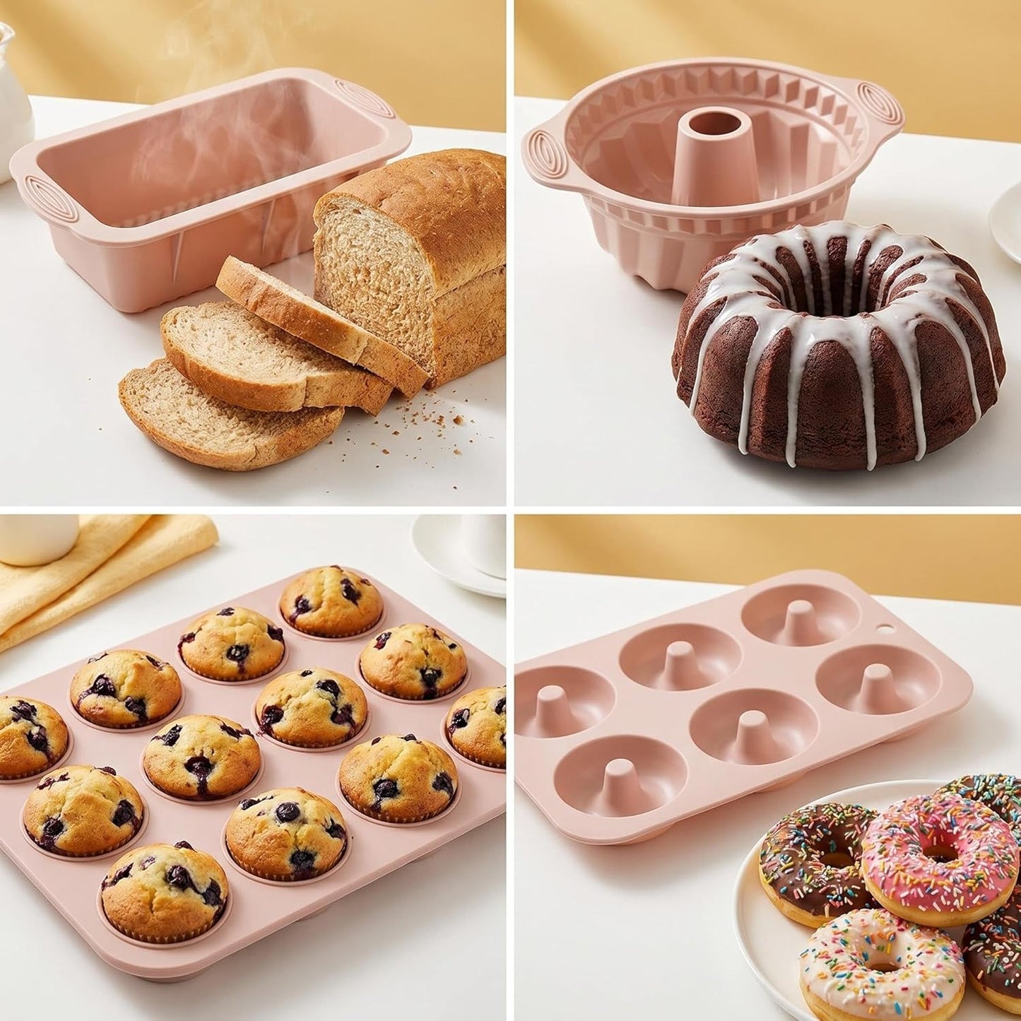 Nonstick Silicone Bakeware Set, 6 set Baking Cake Pan, Economical BPA Free Heat Resistant Bakeware Tools for DIY Loaf Bread Cheesecake Pizza Cupcake Muffin (Pink)
