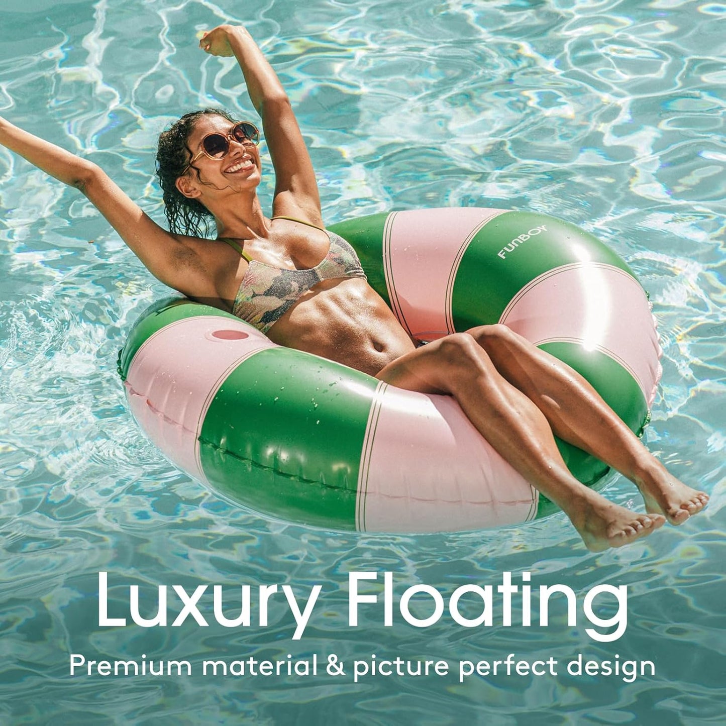FUNBOY Giant Stripe Inflatable Pool Float with Cup Holder, 48" Adult Inner Tube Swim Ring Pool Lounger