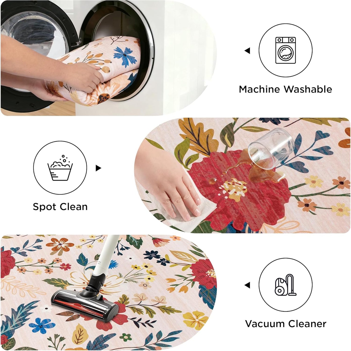 5x7 Washable Rug for Living Room, Pink Floral Area Rug, Non Slip Low Pile Soft Flower Carpet, Large Rugs for Bedroom, Dining Room, Office, Kids Playroom, Nursery, Pink/Beige