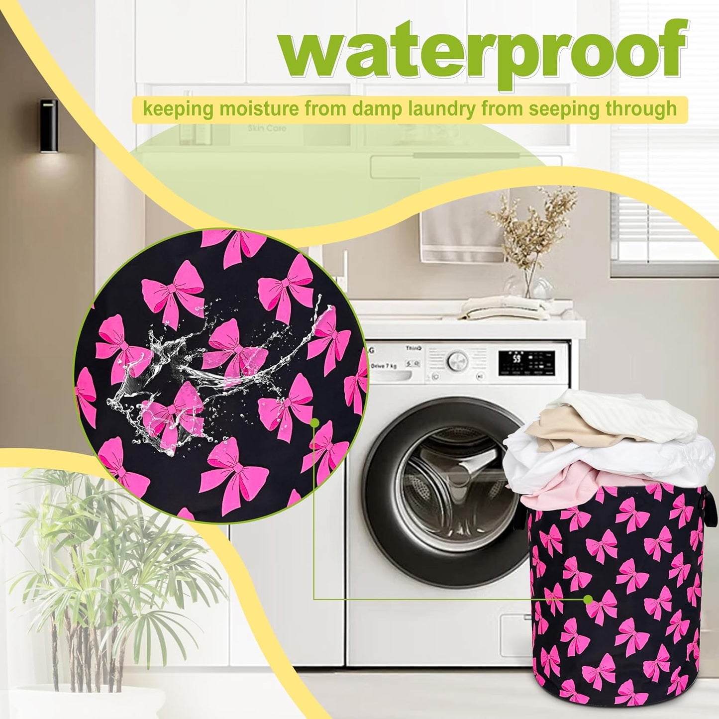 Pink Bow Laundry Basket Funny Bowknot Foldable Waterproof Oxford Cloth Tote Bag Laundry Hamper Round Large Clothes Storage Bucket Organizer For Bathroom/Laundry Storage/Bedroom 18.9x16.5 Inch