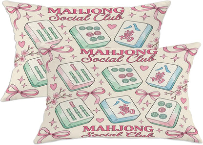 Mahjong Tiles Throw Pillow Covers Set of 2, Playful Fanciful Hearts Bows Casual Pastel Peach with Hidden Zipper Cover Decorative Pillows for Living Room Apartment Bed Sofa Decor 20x12 Inch