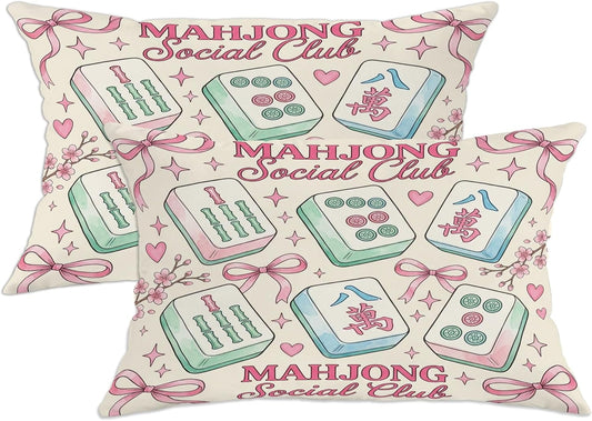 Mahjong Tiles Throw Pillow Covers Set of 2, Playful Fanciful Hearts Bows Casual Pastel Peach with Hidden Zipper Cover Decorative Pillows for Living Room Apartment Bed Sofa Decor 20x12 Inch
