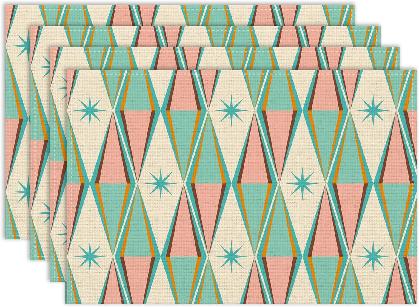 Mid Century Abstract Placemat Set of 6, 12x18 Inch Retro Pink Green Atomic Star Geometric Pattern 1950s Groovy Modern Style Coffee Table Mats for Outdoor Farmhouse Kitchen Dining Table Decoration
