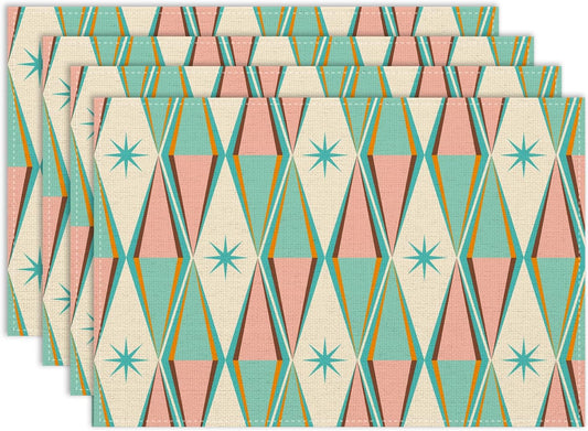 Mid Century Abstract Placemat Set of 6, 12x18 Inch Retro Pink Green Atomic Star Geometric Pattern 1950s Groovy Modern Style Coffee Table Mats for Outdoor Farmhouse Kitchen Dining Table Decoration