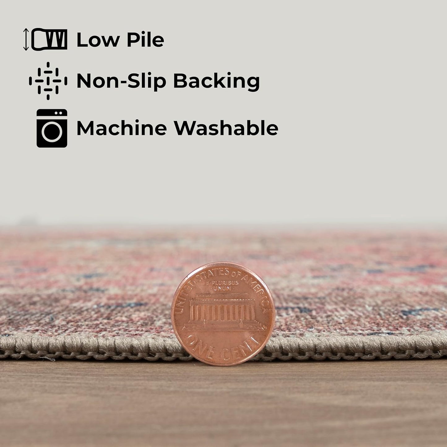 GLN Rugs Traditional Collection - Machine Washable Area Rug, Traditional Washable, Non Slip, Low Pile Chenille Rug, Living Room, Bedroom, Kitchen Rug (3' x 5' Pink/Cream)
