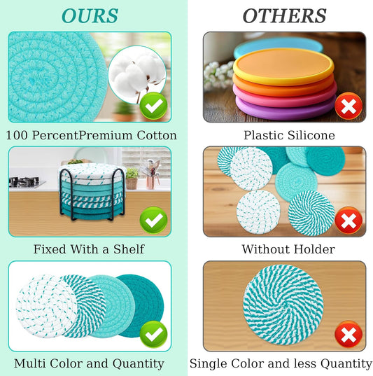 8 Pcs Drink Coasters with Holder, Minimalist Cotton Woven Coaster Set, 4 Colors Absorbent Coaster Protection Protection for Various Cups, Ideal for Coffee Tables and Home Decor Tabletop, 4.3 Inches