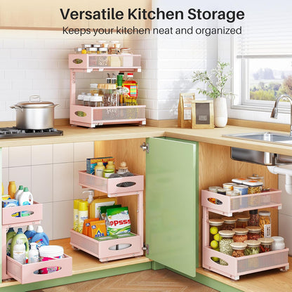 Under Sink Organizer, 2 Tier Pull out Cabinet Organizer Baskets with Mesh Sliding Drawers, Slide out Storage Shelf for Home, Kitchen, Bathroom, Pantry, Office Cabinet(1 Pack, Pink)