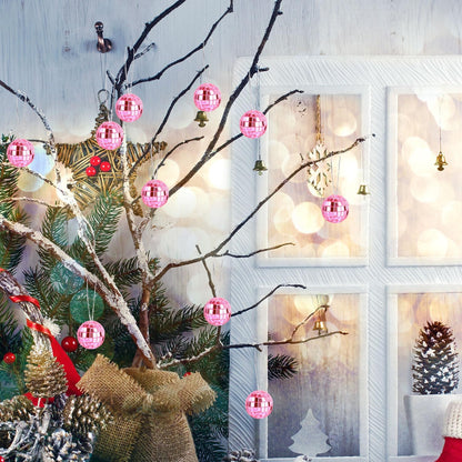 24pcs Hanging Disco Ball Party Decor, 1.1 Inch Mini Mirror Disco Balls Pink Disco Ball Disco Party Decorations Disco Ball Ornaments for Christmas Tree Halloween Holiday Birthday Party Wedding