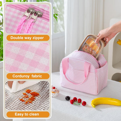 Insulated Lunch Bag for Women, Reusable Lunch Box Tote for Work & Office, Portable Leakproof Cooler Bag Roomy Adult Lunch Bags for Travel, Picnic & Daily Meals, Light Pink Gingham