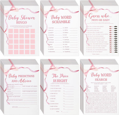 Ctosree 302 Pcs Pink Bow Baby Shower Games 6 Games, 50 Sheets Each, Easy to Play, Watercolor Ribbon Signs Minimalist Funny Girl Boy Predictions and Advice Bingo Word Scramble(Pink)