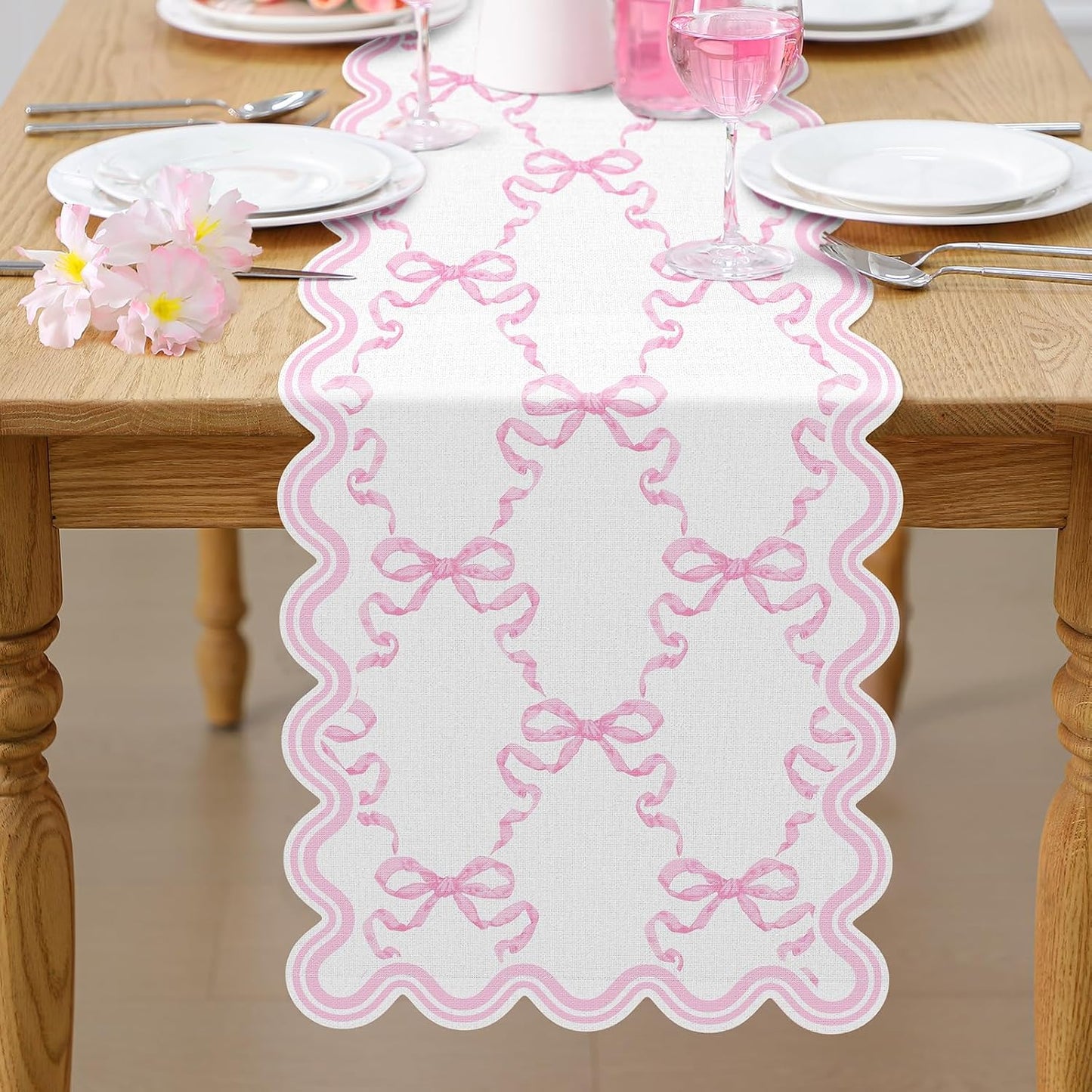 Pink Bow Table Runner 72 Inches Cute Heart Linen Fabric Scalloped Table Runner Coquette Dining Decor for Birthday Baby Shower Party School Home Decor(Bow C)